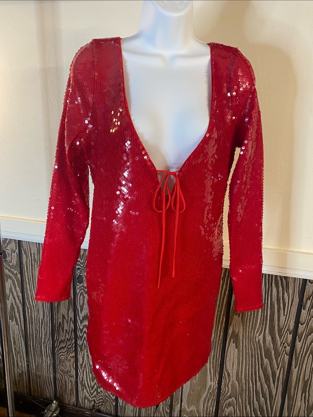 Bardot Red Sequin Mini Dress with Deep V Tie